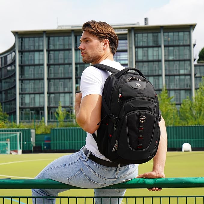 Swissdigital Design Laptop Backpack with USB Charging Port, Travel Backpack Fits 15.6 inches Computer, 31L College School Backpack for Men, Black | SD803-01