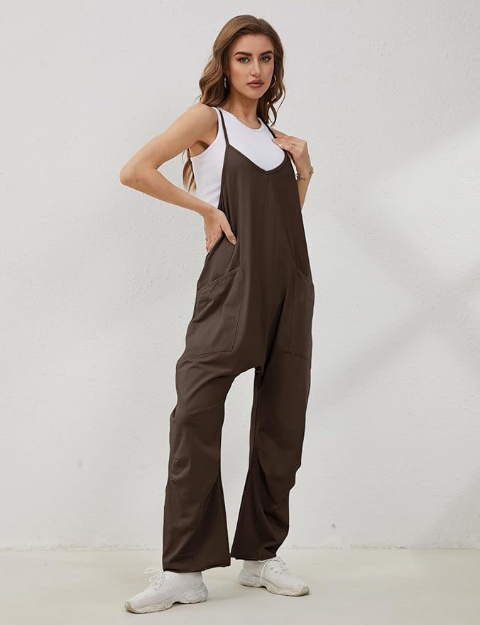 Lentta Women's Causal Jumpsuits V Neck Sleeveless Harem Overalls Stretchy Adjustable Strap Romper with Pockets