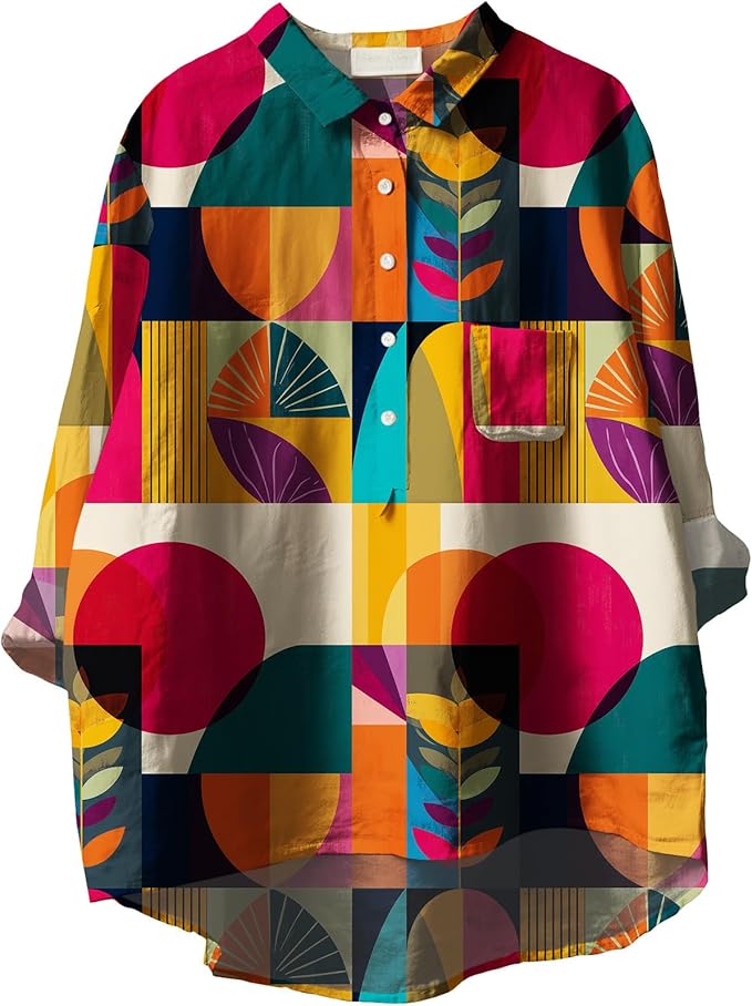 Women Funny Graphic Long Sleeve Floral Blouses Plus Size Button Shirts Casual Cute Vneck Fall Tunic Tops Trendy