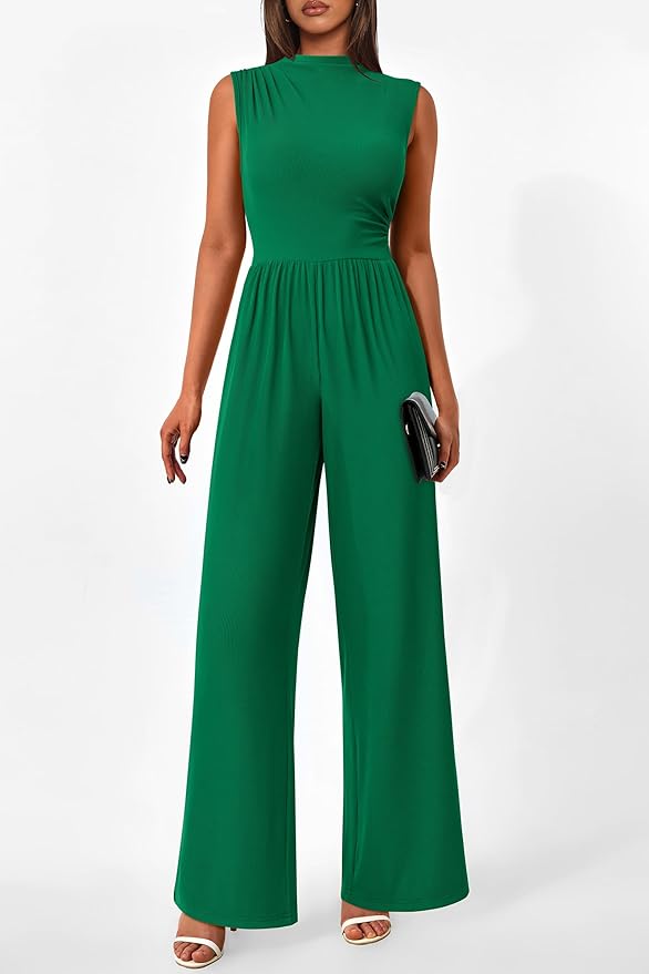 PRETTYGARDEN Womens Summer Jumpsuits Dressy Casual One Piece Outfits Sleeveless Mock Neck Wide Leg Pants Rompers with Pockets