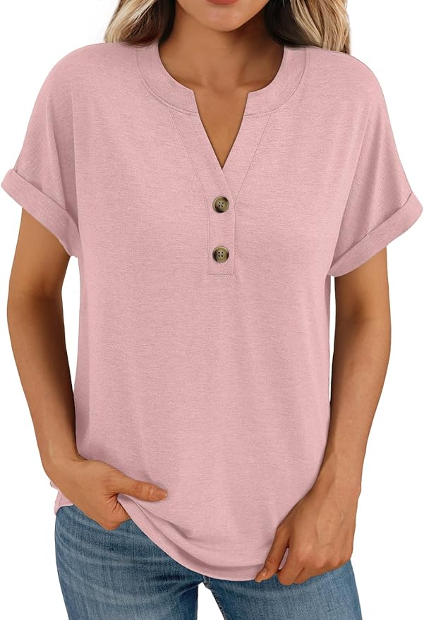 AUTOMET Women's Short Sleeve Shirts Henley Dressy Casual Summer Tops 2026 Spring Fashion Trendy Cute T-Shirts