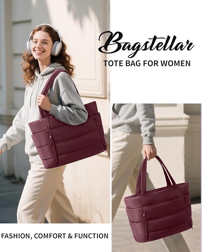 Puffer Tote Bag for Women, Lightweight Puffy Work Handbag Teacher Nurse Quilted Shoulder Bag for School Travel Gym | Quilted, with Zipper, Daily Carry On Bags, Comfy College Bags, 15.6" Laptop Sleeve, Cup Holder Pocket, Portable, Spacious