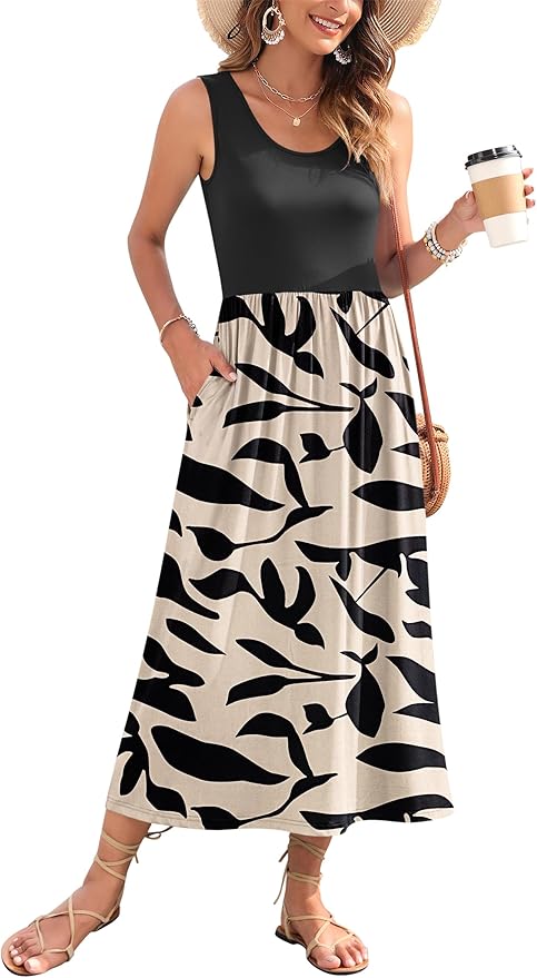 WNEEDU Women's Summer Maxi Dress 2026 Casual Sleeveless Hawaiian Sundress Tropical Long Dress Beach Vacation Outfit