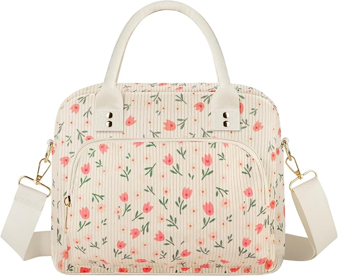 Lunch Bag Large Insulated Lunch Box for Women Men Adult Cute Pink Floral Lunchbox Corduroy Lunch Bags Boxes Pail with Shoulder Strap for Work Mom Picnic Office Travel 11.4×6.8×9.1 inches 11.5L Beige