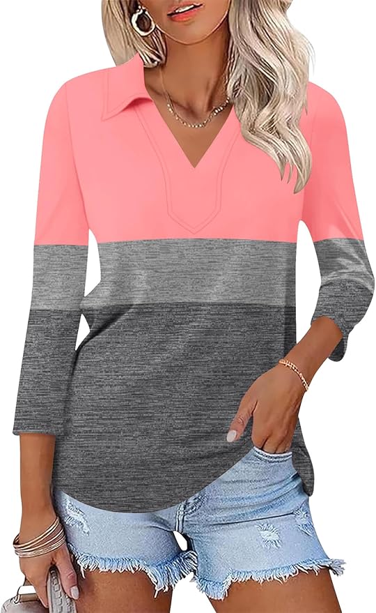 LOMON 3/4 Length Sleeve Womens Tops 2026 Spring Summer Collared Polo Shirts V Neck Casual Basic Polos Tees Shirt