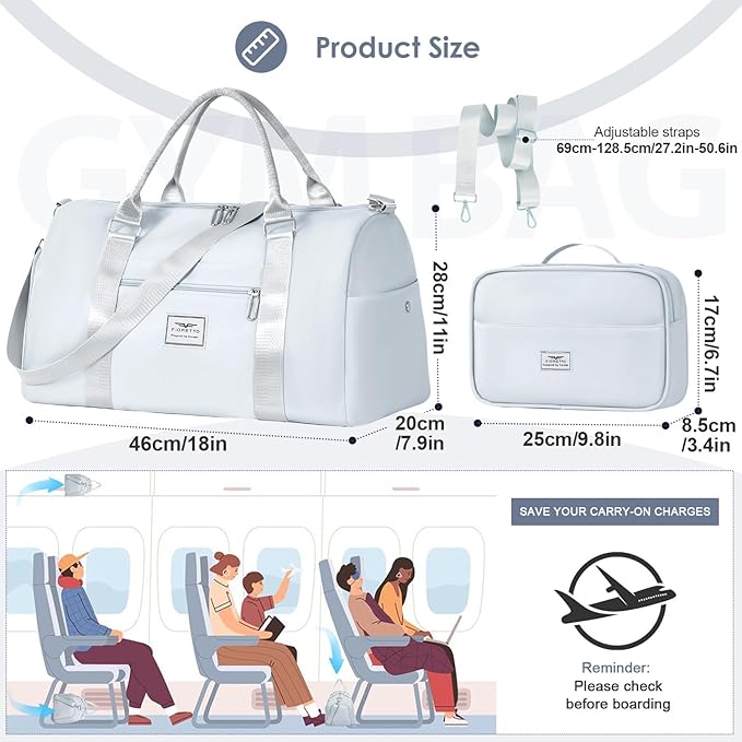 FIORETTO Womens Gym Tote Duffle Bag with Toiletry Bag, Sports Duffel Overnight Hospital Workout Carry on Bag for Girls with Wet Pocket & Shoe Compartment, Ideal for Travel, Swimming, Dance Grey