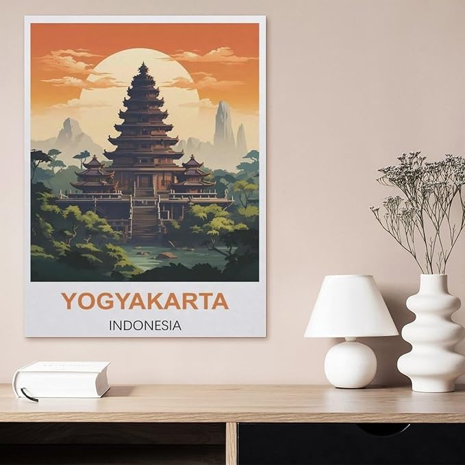 Jigsaw Puzzles 1000 Pieces Paper Assembling Picture，Yogyakarta Vintage Travel Poster Indonesia，Adults Games Educational Toys（38x26cm）-BI41