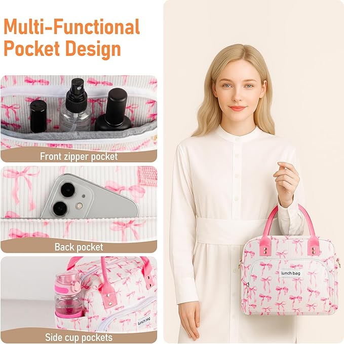 Lunch Bag Large Insulated Lunch Box for Women Adult Cute Pink Lunchbox Lunch Bags Boxes Pail with Shoulder Strap for Work Mom Picnic Office Travel 11.4×6.8×9.1 inches 11.5L (Pink Bow)