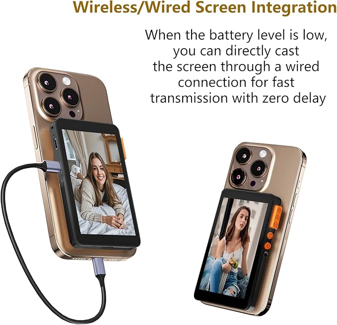 Magnetic Phone Selfie Monitor Screen, 1080P Wireless Back Camera Selfie Monitor with Focus Adjustment, Audio Sync, Photo Button and Aluminum Stand for Vlog Live Stream TikTok (Black)