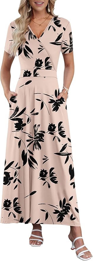 AUSELILY Maxi Dresses for Women Ankle Length Floral Print Beach Long Flowy Dress with Pockets
