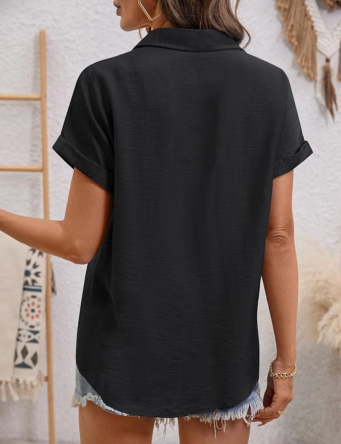 LOMON Women Blouses Spring Summer Tops for Women 2026 Short Sleeve V Neck Dressy Casual Collared Shirts Work Office