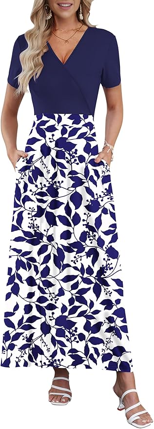 AUSELILY Maxi Dresses for Women Ankle Length Floral Print Beach Long Flowy Dress with Pockets