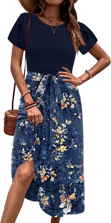 Zeagoo Womens Midi Dress Summer Short Sleeve Dress with Pockets 2025 Casual Floral T-Shirt Dress Flowy Beach Sundress