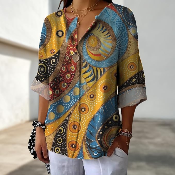 Long Sleeve Shirts for Women V Neck Button Boho Graphic Blouses Casual Collared Fashion Summer Flowing Tops
