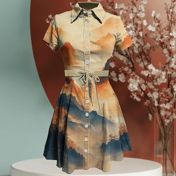 MARSVOVO Japanese Art Shirt Dresses for Women Short Sleeve Ruffle Button Down Tie Waist Trendy Elegant Midi Dress
