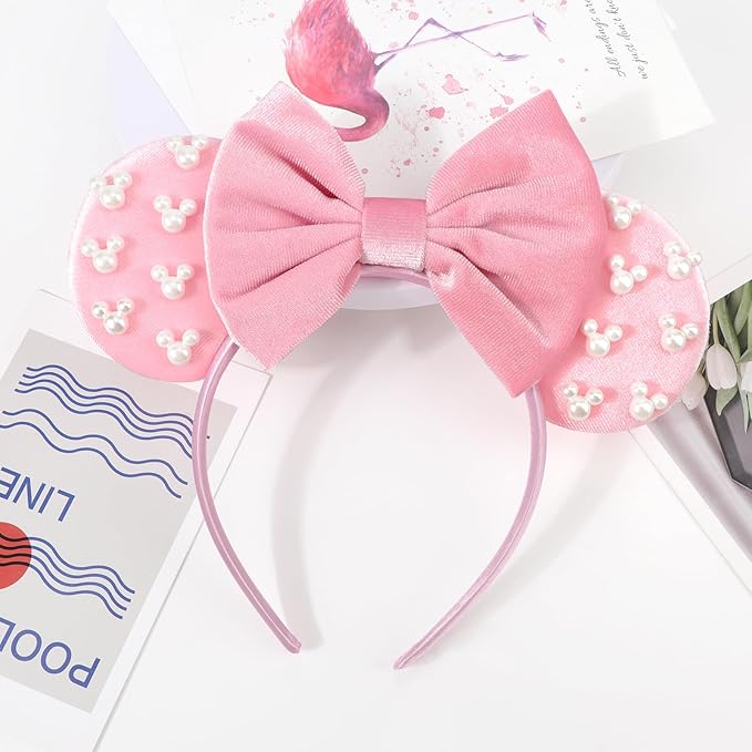 DRESHOW Mouse Ears Headbands for Women Pearl Hairbands Bow Head bands Velvet Head band Christmas Cosplay Costume Princess Party Decorations Halloween & Disney Trip