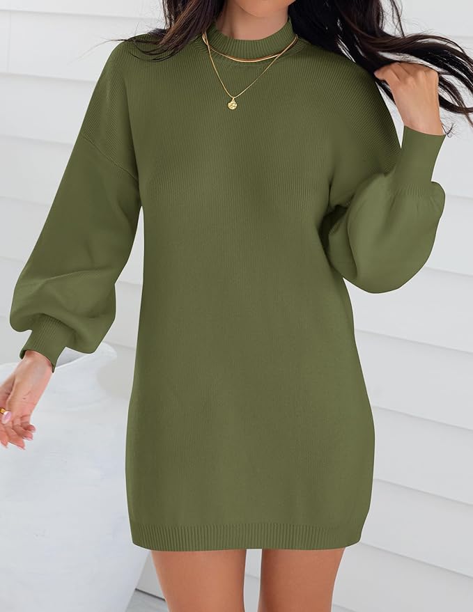 ZESICA Women's 2026 Fall Turtleneck Sweater Dress Oversized Long Lantern Sleeve Casual Knit Pullover Mini Dresses