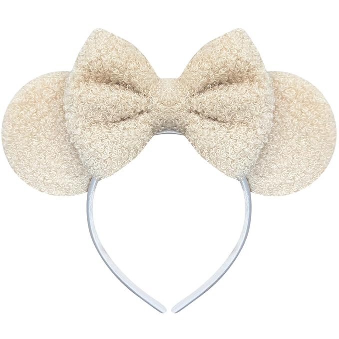 Trnerm Beige Mouse Ears Headband for Women, Soft Plush Park Ears Cute Birthday Hair Bands