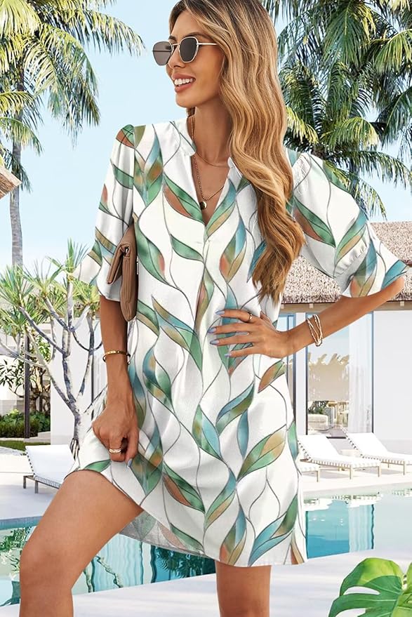 QACOHU Summer Dresses for Women V Neck Ruffle Short Sleeve Casual Shift Dress