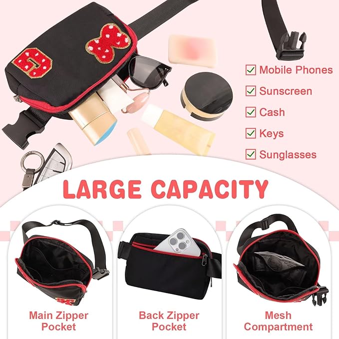 Initial Letter Bow Mouse-Ear Fanny Pack for Teen Girls,Cute Chenille Belt Bag Crossbody Travel Waist Pack for Women&Kids,Personalized Gift for Theme Park,School & Travel, Birthday Christmas(G)