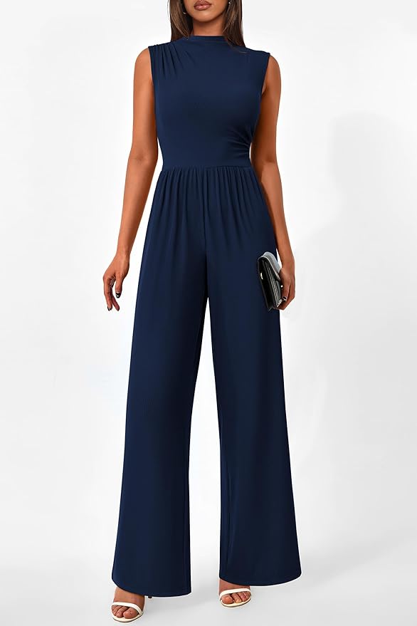PRETTYGARDEN Womens Summer Jumpsuits Dressy Casual One Piece Outfits Sleeveless Mock Neck Wide Leg Pants Rompers with Pockets