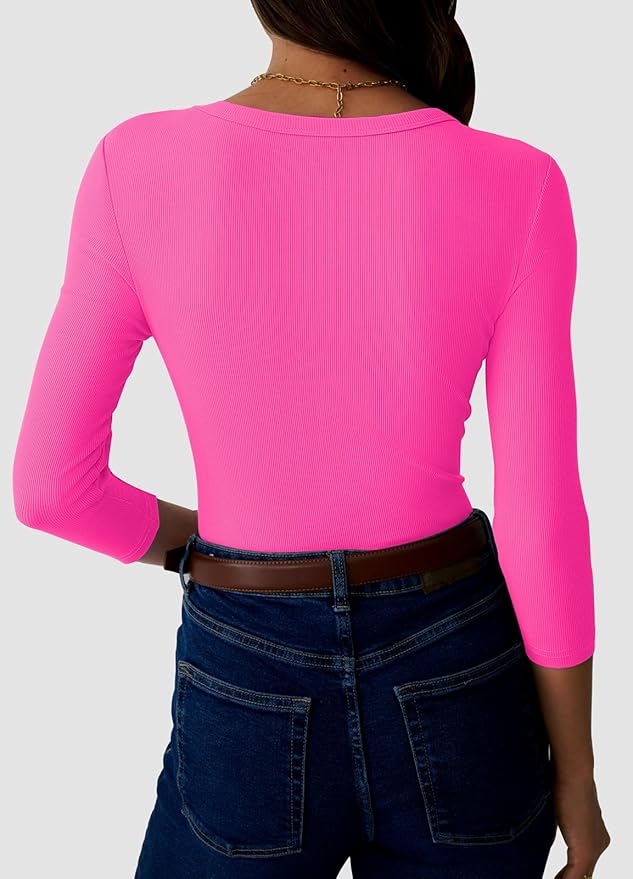 Womens 3/4 Sleeve Scoop Neck Top Ribbed Knit Slim Fitted Casual Basic Tee Shirts 2025 Fall Trendy Work T-Shirt Outfits
