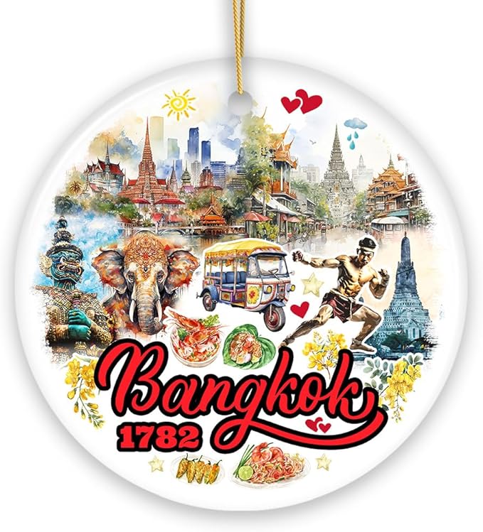 Lively Bangkok City Artistic Ceramic Ornament, Thailand Souvenir and Christmas Decor Keepsake (Circle)