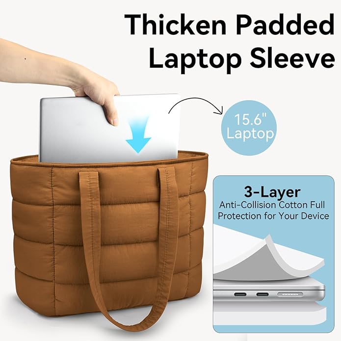 Puffer Tote Bag for Women, Lightweight Puffy Shoulder Bag with Handbag for Travel, Work, Gym, Laptop Bag for Nurse Teacher