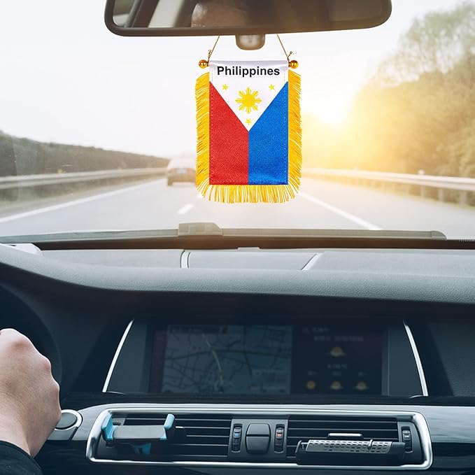 ZXvZYT 3 X 5 Inch Philippines Philippine Window Hanging Flag Filipino Small Mini Car Flags Banners Rearview Mirror Decoration - with Suction Cup & Golden Fringy Banner(2 Pack)