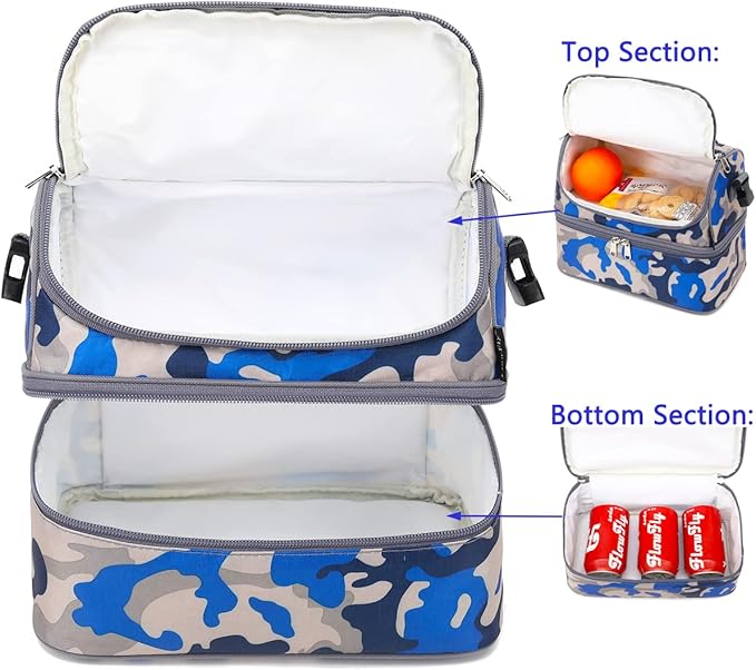 FlowFly Kids Double Decker Cooler Insulated Lunch Bag Large Tote for Boys, Girls, Men, Women, With Adjustable Strap, Blue Camo