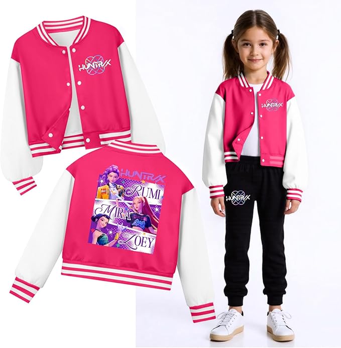 K PopGirls Kpop Tracksuit Cute Cartoon Print Baseball Coats Fashion Long Sleeve Jackets and Pants Christmas Costume Set