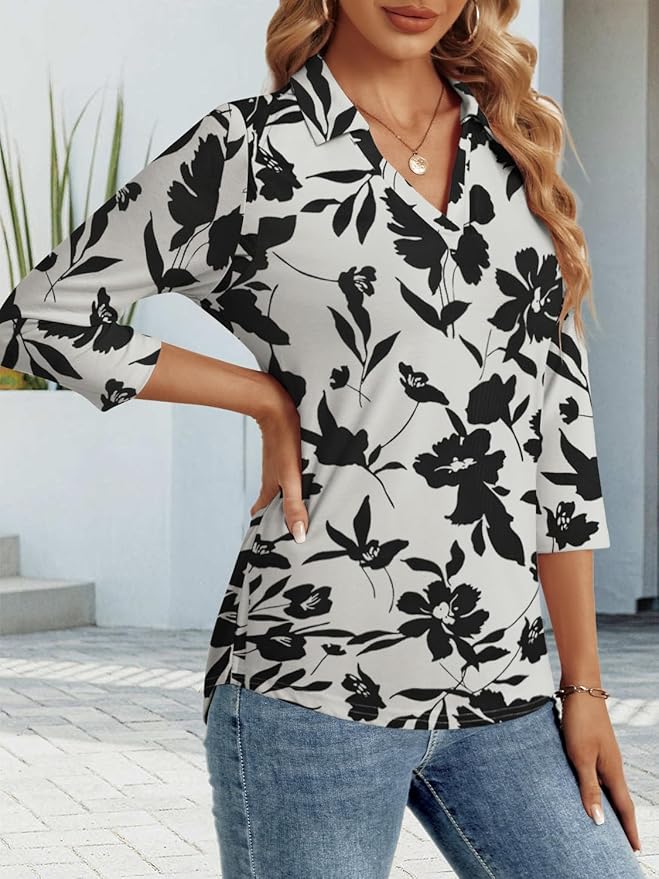 3/4 Length Sleeve Womens Tops Dressy Casual V Neck Polo Shirts Business Work Blouses 2025 Trendy Tunic Top