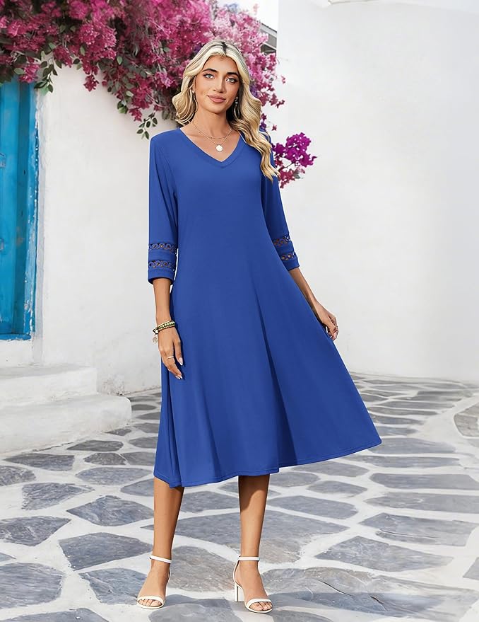 Zeagoo Women's Dresses 3/4 Sleeve Summer Casual V-Neck A Line Flowy Eyelet Midi Dress for Women Beach Vacation Sundress