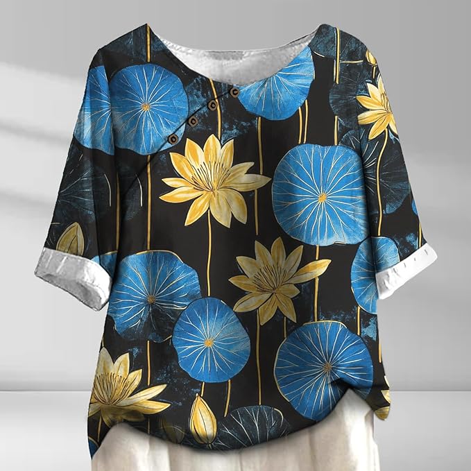 Women's Shirts Dressy Casual Asymmetric Side Button Down Design Tops Summer Loose Fit Crewneck Graphic Tees