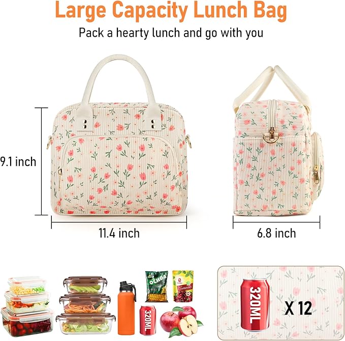 Lunch Bag Large Insulated Lunch Box for Women Men Adult Cute Pink Floral Lunchbox Corduroy Lunch Bags Boxes Pail with Shoulder Strap for Work Mom Picnic Office Travel 11.4×6.8×9.1 inches 11.5L Beige