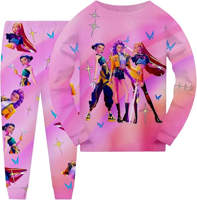 Girls 2 Piece K Pop Singer Outfits Cute Cartoon Graphic Shirts and Pants Casual Tracksuit Fashion Clothing Sets