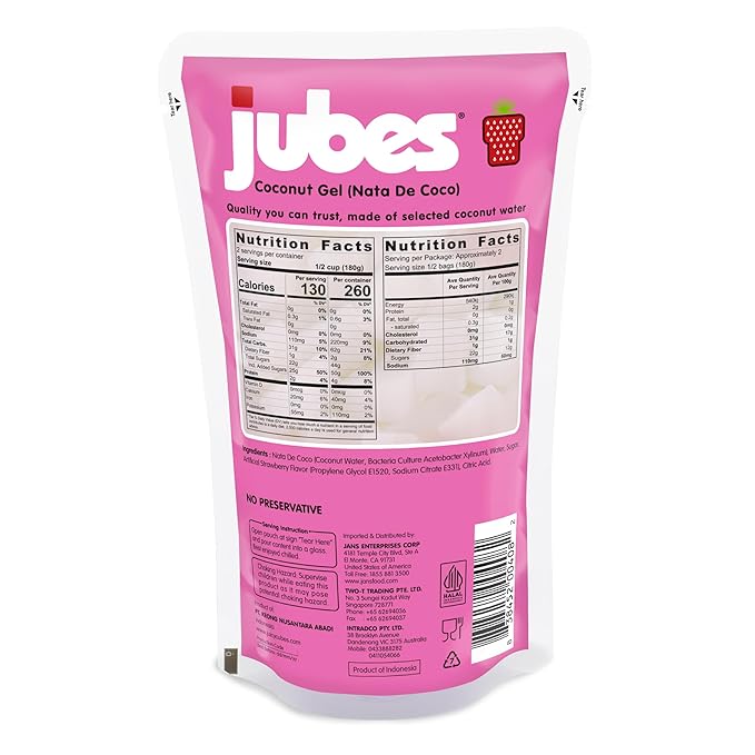 Jubes Strawberry Nata De Coco Jelly Cubes (12.7 oz, Pack of 6) - Strawberry Coconut Jelly Cubes for Sago - Coconut Gel in Syrup Toppings for Fruit Tea, Boba, Bubble Tea, Drinks, Desserts Yogurt, Ice Cream, Beverage