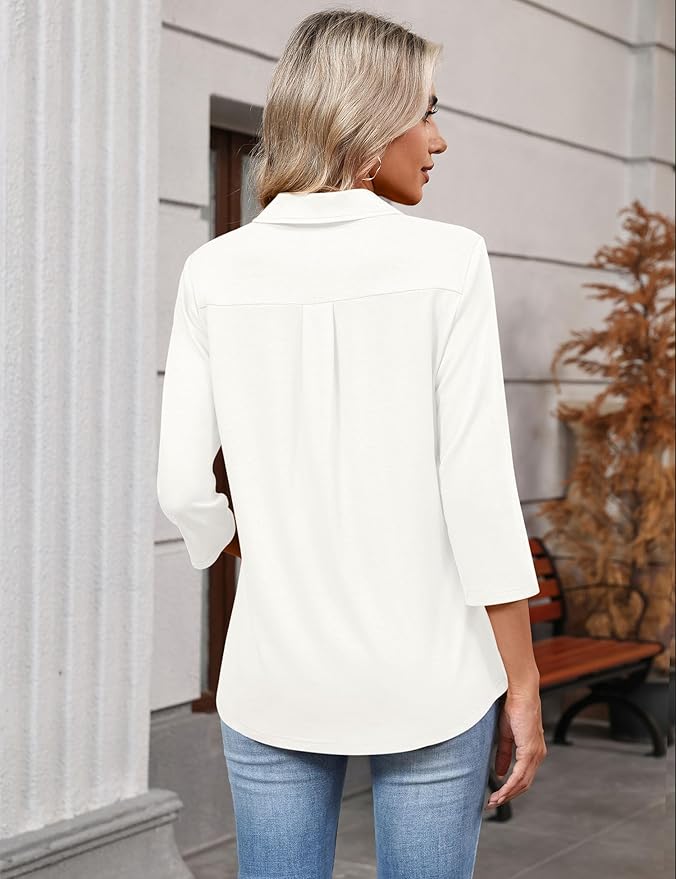 LOMON 3/4 Length Sleeve Womens Tops 2026 Spring Summer Collared Polo Shirts V Neck Casual Basic Polos Tees Shirt