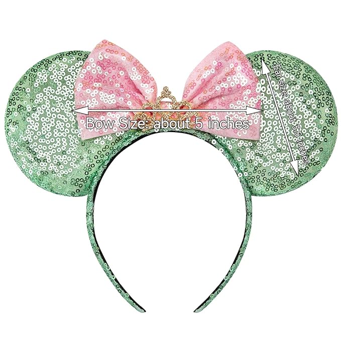 RAZKO Mouse Ears Headband, Sequin Green Mice Ears Hairband Animal Ears Headband for Women Girls Hair Accessories (Green Crown L)