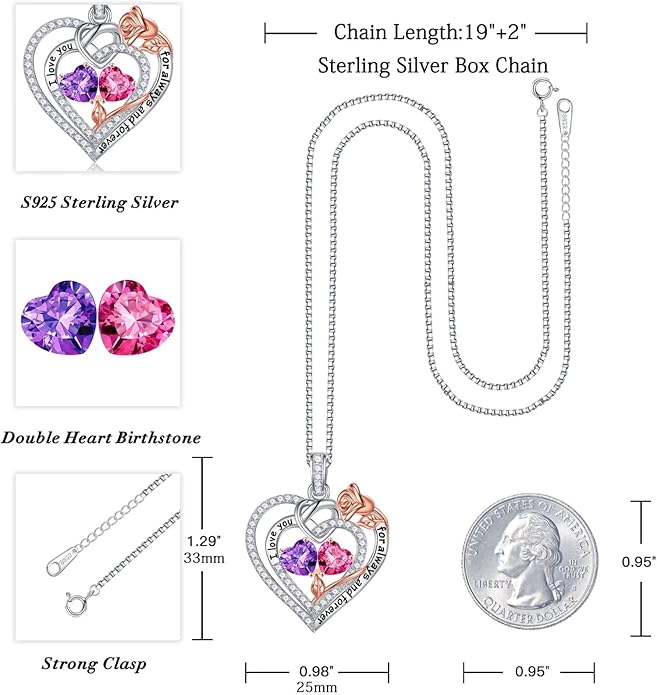 Iefil Valentines Day Gifts for Her - 925 Sterling Silver Double Birthstone Necklace, Anniversary Birthday Gifts for Women, Jewelry Gift for Wife Girlfriend Mom Her