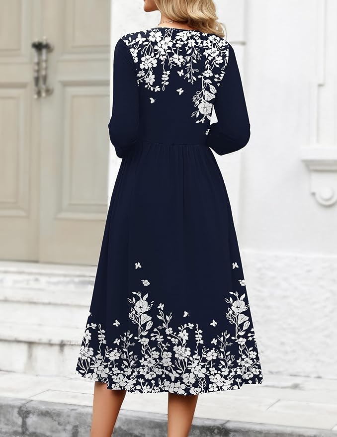 Zeagoo 3/4 Sleeve Women's Dress Casual Flowy A-Line Midi Tshirt Dresses with Pockets Crewneck Vocation Boho Beach Sundress
