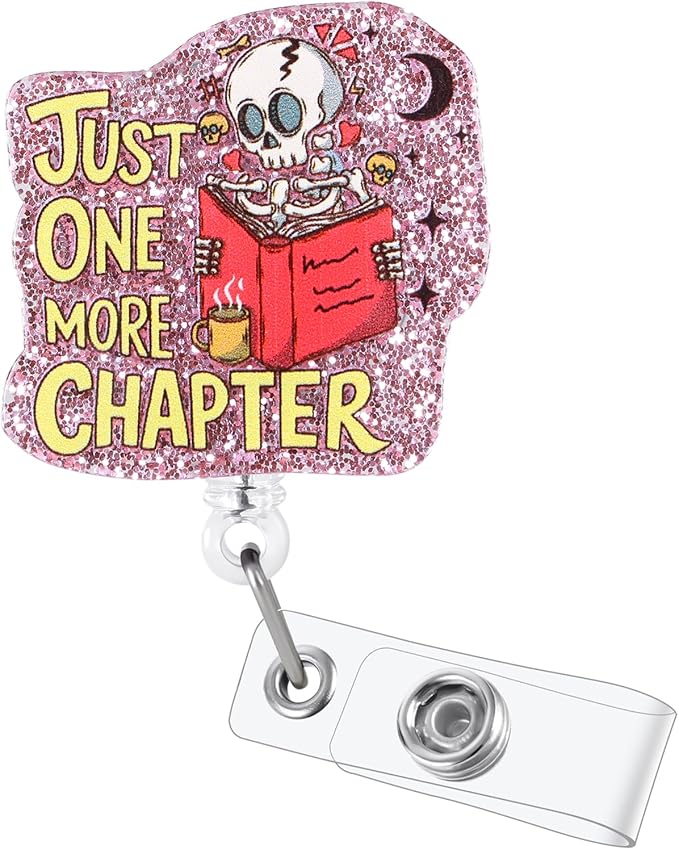 Just One More Chapter Book Lover Badge Reel, Cute Reading Skeleton Librarian Retractable ID Card Badge Holder, Interchangeable Name Tag Badge Clip for Library Staff Gifts, Bookworm Accessories