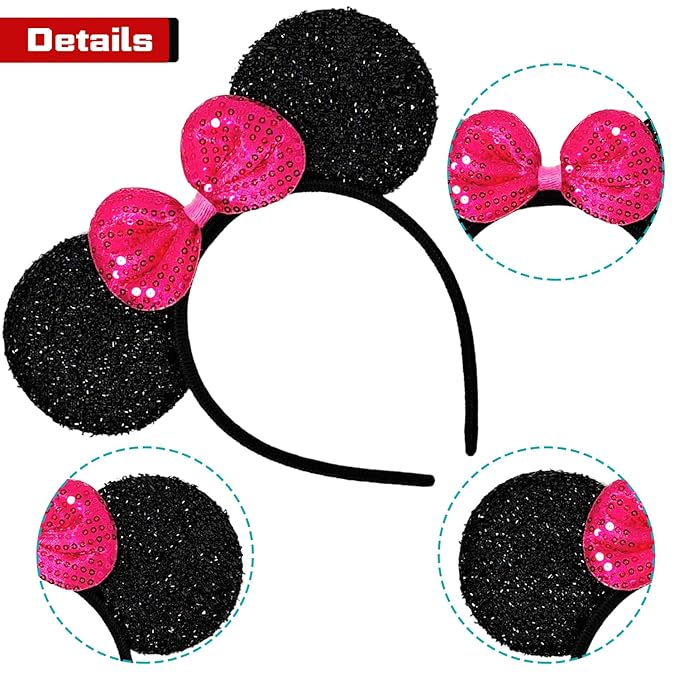 MADO 2 pack mouse ears headbands for adults women little girls boys (sparkle fuchsia, onesize)
