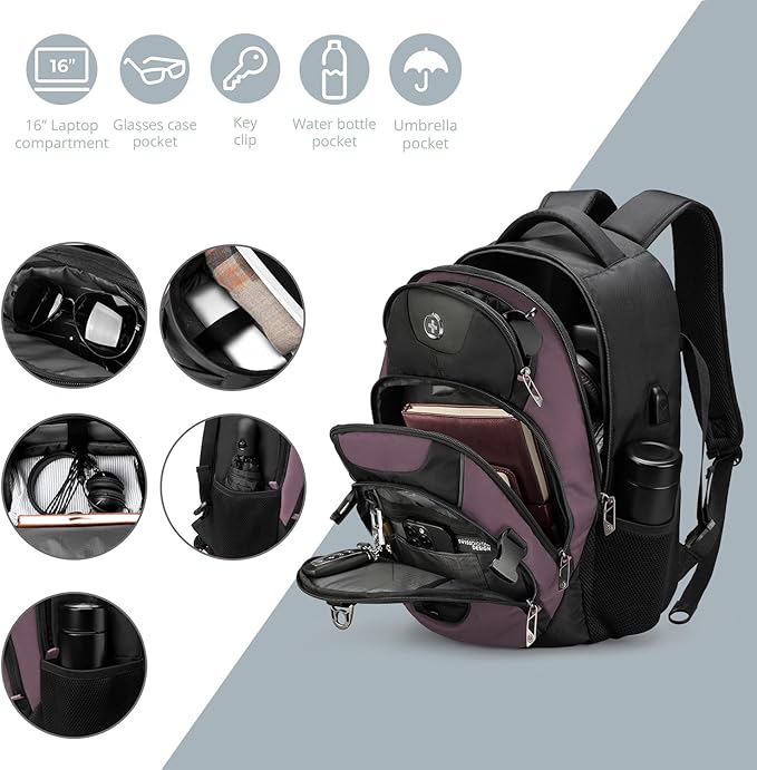 Swissdigital Design Laptop Backpack with USB Charging Port, Travel Backpack Fits 15.6 inches Computer, 31L College School Backpack for Women, Light Purple/Black | SD803-85