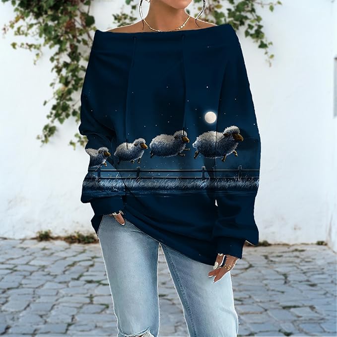 Womens Sweatshirts Floral Print Sexy Off The Shoulder T Shirts Oversized Long Sleeve Pullover Fall Tops