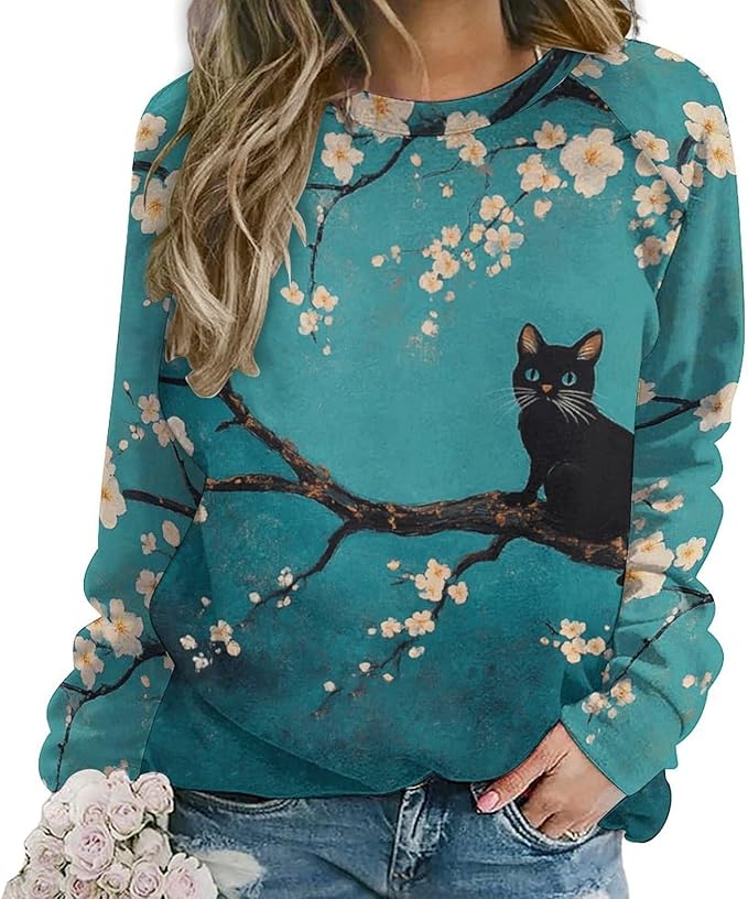 Spatofa Womens novelty funny cat printed crewneck sweatshirt casual loose long sleeve graphic pullover sweatshirts tops