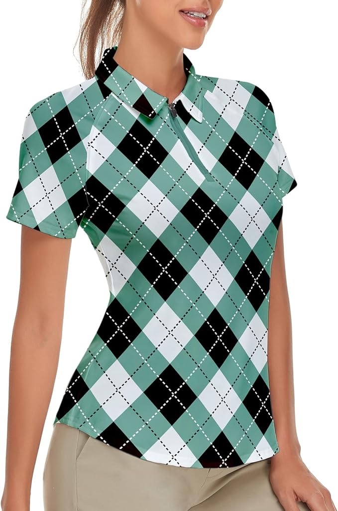 Women's Golf Shirt Short Sleeve Tennis Shirt Quarter Zip Golf Pullover Golf Polo Shirts Argyle Tops