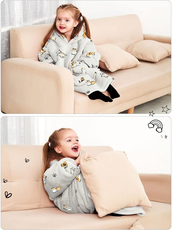 KFUBUO Wearable Blanket Hoodie for Kids Toddlers Sherpa Blanket Sweatshirt With Pocket Cute Hoodies 2-6 Year Old Girl Birthday Gifts Cat