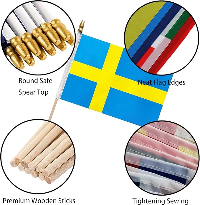 GSYLPFT 12 Pack Swedish Flags on Sticks Sweden Small Mini Hand Held Flags for Office Classroom Holiday Party Decorations