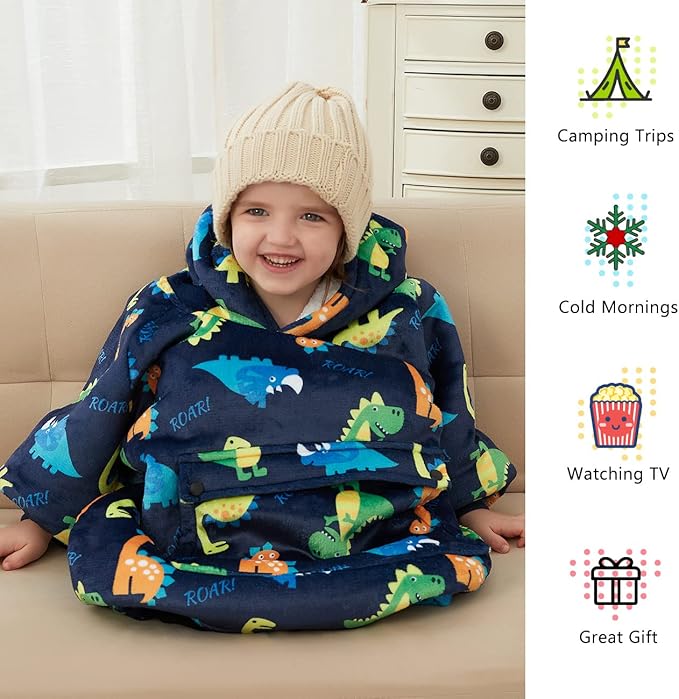 KFUBUO Dinosaur Wearable Blanket Hoodie for Kids Toddlers Sherpa Blanket Sweatshirt with Pocket 2-6 Year Old Boys&Girls Birthday Gifts